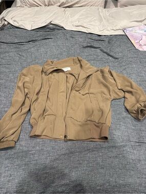 Lightweight Tan Bomber Jacket with Rib Hem